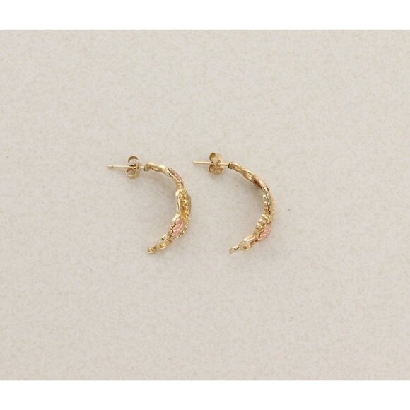 10k Yellow Gold Black Hills Gold Leaf Hoop Earrings 7/8" x 3/8" - Picture 6 of 10